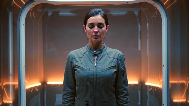 Scientist woman in frosty capsule, Contemplative female in scientific cryogenic pod, Female scientist patiently awaiting induction inside hightech cryogenic storage unit under warm orange glow