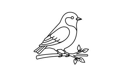 Fototapeta premium Simple black and white outline drawing of a small songbird perched upon a delicate leafy branch
