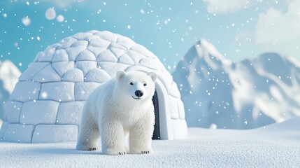 Realistic Polar Bear Standing Near Igloo in Snowy Landscape with Mountains