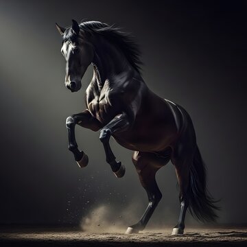 Majestic black horse in dynamic motion rearing up on hind legs