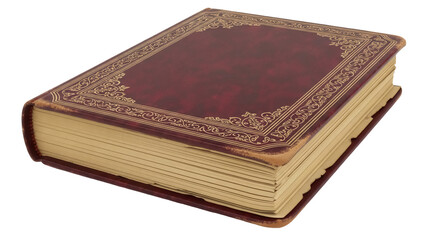 Isolated old antique book, leather bound with gold trim, thick, aged, worn, with pages