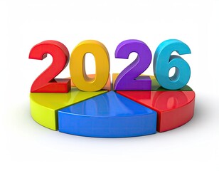 Colorful 3D pie chart, the numbers "2026" perched atop in matching hues
