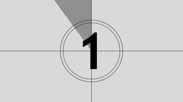 Retro film countdown from five to one with spinning clock hand and vintage grain visual effect