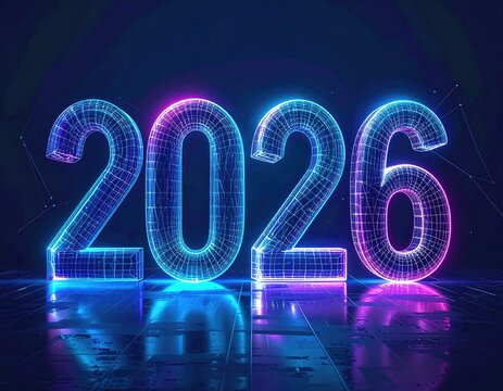 Glowing neon 2026 futuristic digital rendering against a dark background - Powered by Adobe