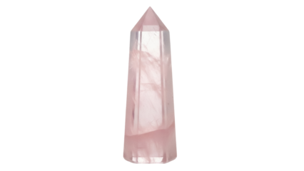 Isolated pink rose quartz crystal tower with transparent qualities, healing and wellness gem