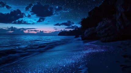 Serene Beach at Dusk with Starry Night Sky.