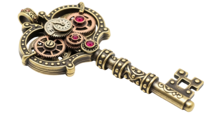 Isolated Steampunk Skeleton Key, Vintage Mechanical Fantasy Concept, Antique Gold Decoration