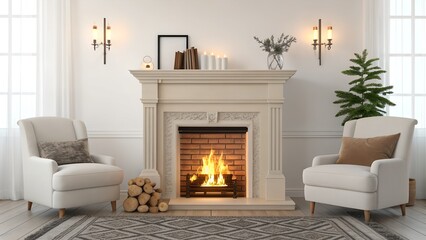 Fototapeta premium Cozy living room with fireplace and Christmas tree