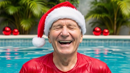 Joyful elderly man wearing Santa hat smiling happily in swimming pool during festive holiday celebration outdoors with lush green foliage in background
