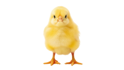 Isolated Small Yellow Chick Standing Upright, Looking Forward with a Downward Gaze