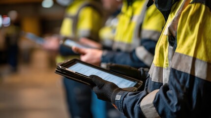 Safety officers consulting multilingual emergency protocols displayed on tablets to ensure accurate responses in hazardous situations.