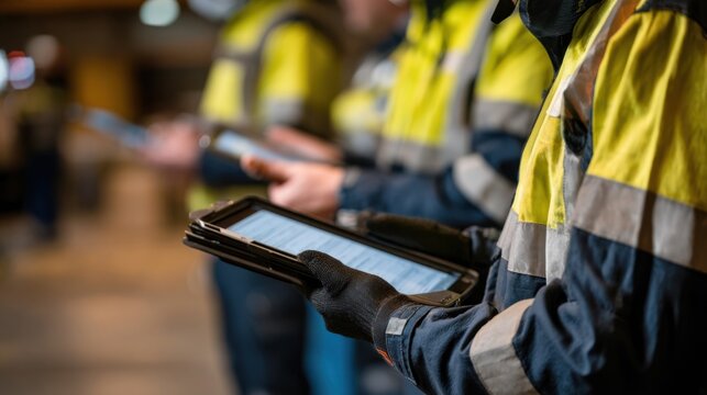 Safety officers consulting multilingual emergency protocols displayed on tablets to ensure accurate responses in hazardous situations.
