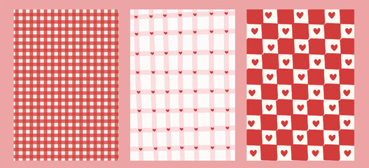 Retro whimsical pattern backgrounds with gingham checks and hearts. Charming hand drawn textures for Valentine packaging, cozy stationery, scrapbooking, and playful surface design. Vector illustration