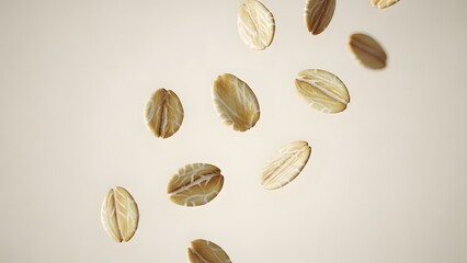 Close-up shot of rolled oats floating in the air, capturing the light and texture of the grains against a plain background, perfect for healthy eating and breakfast concepts