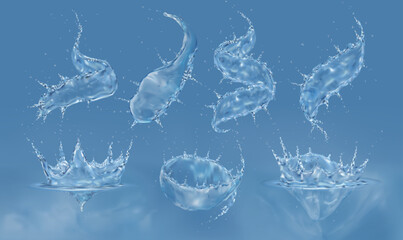 Water splash. 3D drop, sea liquid. Wave swirl set. Plop in fluid. Flow whirlpool. Transparent ripple. Aqua spatter. Blue scatters. Falling aqua with droplets in motion. Vector exact realistic elements