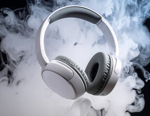 White headphones amidst swirling vapor against a black background