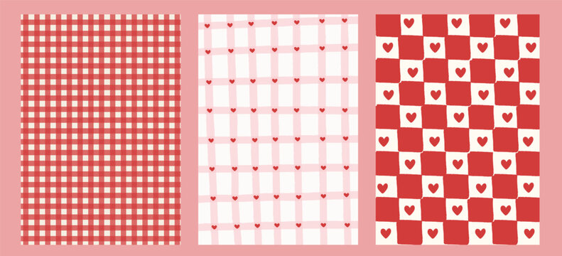 Retro whimsical pattern backgrounds with gingham checks and hearts. Charming hand drawn textures for Valentine packaging, cozy stationery, scrapbooking, and playful surface design. Vector illustration