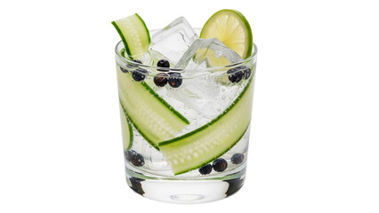 Isolated gin and tonic cocktail in glass garnished with cucumber, lime and juniper berries