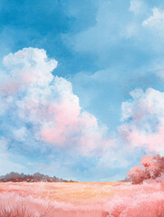 初夏の空と雲と野原の水彩調イラスト