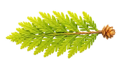 Isolated conifer branch, a golden arborvitae branch with a small cone, perfect for design