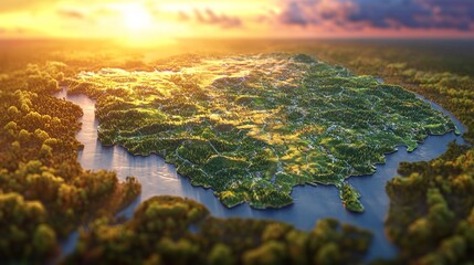 Aerial View of Lush Green Island at Sunrise with Surrounding Water