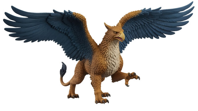 Isolated mythical gryphon with wings spread, bird of prey, ancient mythology, fantasy creature