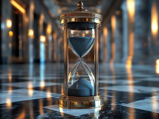 Elegant hourglass with golden frame illustrating time flow and transient moments