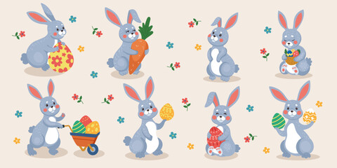 Easter bunny. Rabbit with egg. Baby play. Bunny in form of chick. Cartoon isolated element. Holiday spring template. Doodle flowers background. Playful spring celebration. Vector kids tidy design set