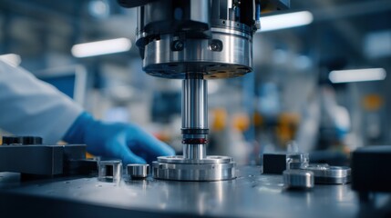 Medium shot showing ultrasonic AI inspection device scanning metal parts for internal flaws operated by a technician in a quality assurance lab.