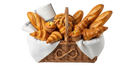 Isolated bread basket with croissants, baguettes, and muffins, a delightful baked assortment