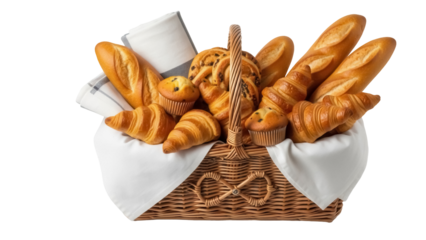 Isolated bread basket with croissants, baguettes, and muffins, a delightful baked assortment