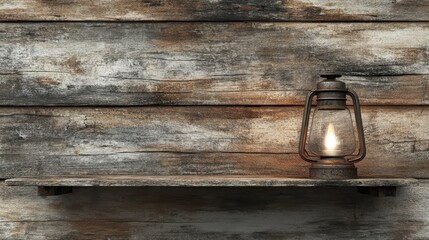 A rustic wooden shelf displays an unlit kerosene lamp with a warm glowing flame
