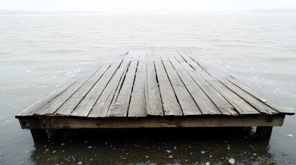 A weathered wooden dock with warped planks extends out over calm, misty water