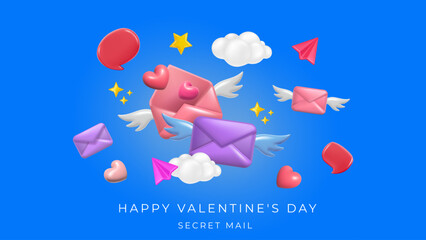 Day Valentine, 3d secret mail. Love heart. Gift for two. Pink winged letters. Romantic party poster. Balloon invitation holiday. Realistic plastic clouds and plane. Birthday card. Vector banner design