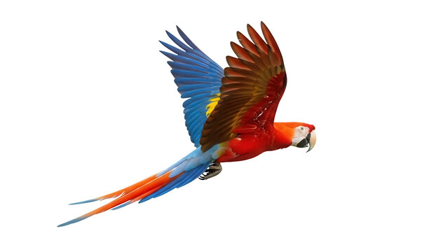 Isolated Scarlet Macaw Parrot in Flight Showing Vibrant Plumage, a Striking Tropical Bird