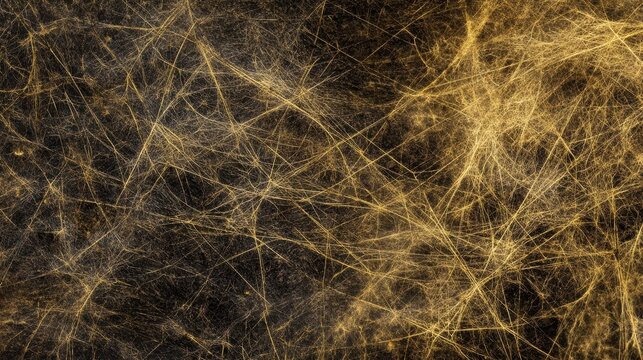 An intricate network of golden mycelium threads forming a complex organic pattern seen in close up detail with dark contrasting background