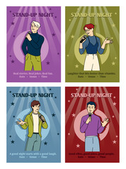 Stage monologue. Comedy show. Artists club performance, woman holding microphone. Humorous illustration of joke telling. Posters and greeting design show entertainment. Vector comic happy characters