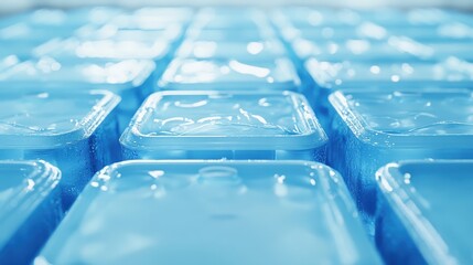 Numerous clear plastic cases of bottled water arranged in orderly rows and a repeating grid pattern under soft blue lighting