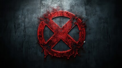 Red biohazard symbol etched into a dark metallic textured surface