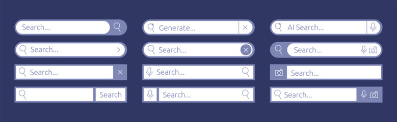 Interface button. Search information field in browser. Web navigation bar. Internet template. Network icon for website. Technology digital panel. Online form box. UI elements set. Vector garish layout