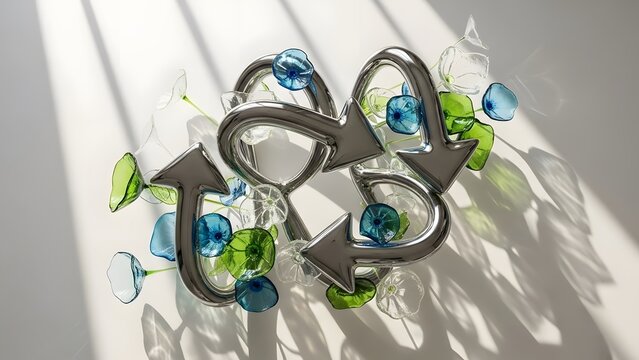 Abstract Chrome Recycling Arrows with Glass Flowers, Aerial Eco Concept