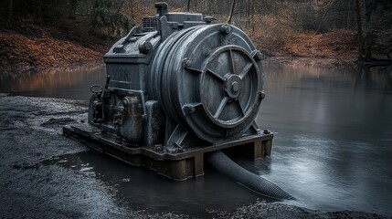 Industrial grade water pump submerged in water with hose attached