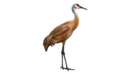 Obraz premium Isolated Sandhill Crane is standing one leg, a graceful bird of North America, migratory