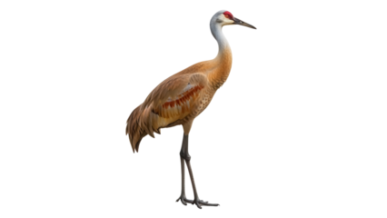 Isolated Sandhill Crane is standing one leg, a graceful bird of North America, migratory