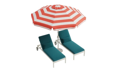 Isolated pair of lounge chairs under a beach umbrella in the sun for summer relaxation