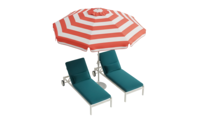 Isolated pair of lounge chairs under a beach umbrella in the sun for summer relaxation