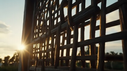 Intricately woven natural hemp fibers forming a textured rustic lattice with warm golden sunlight filtering through