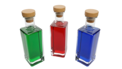 Isolated glass bottles filled with colorful liquids such as blue, red and green liquor