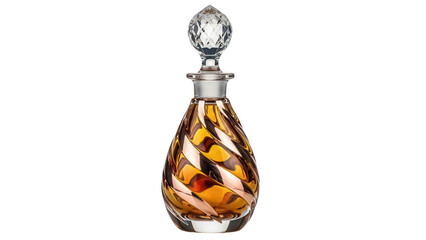 Isolated teardrop liquor decanter with twisted design and glass stopper against neutral setting