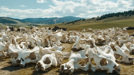 Sun bleached animal bones scattered across a dry grassy field with distant hills under a cloudy sky